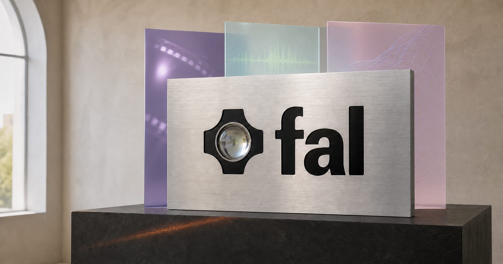 A brushed platinum fal logo panel with an optical lens stands before translucent violet, cyan, and pink generative-media sheets