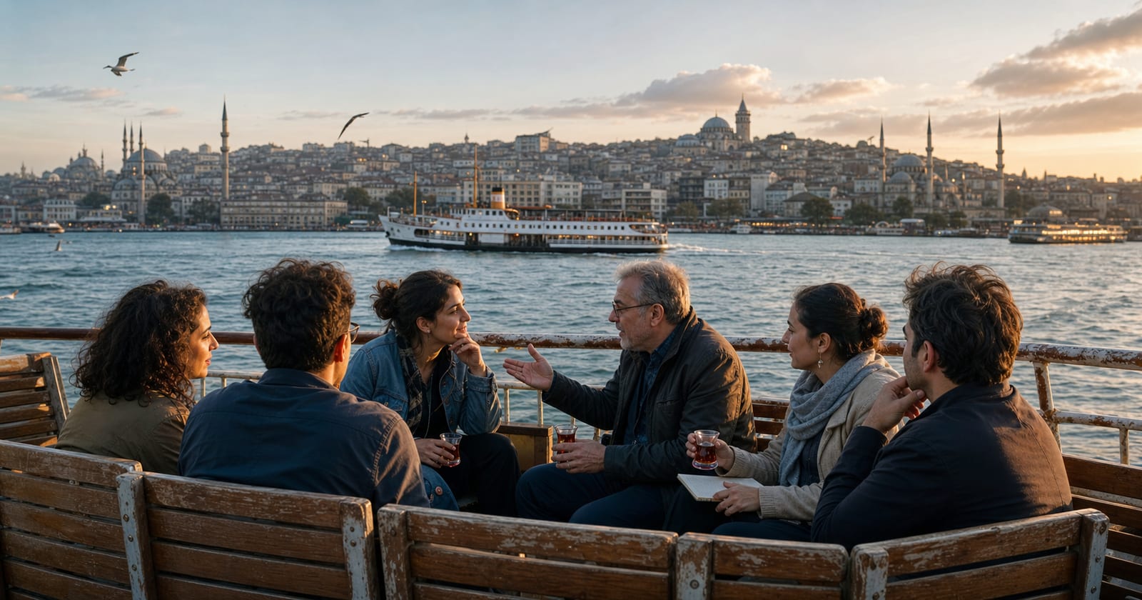 A mixed-age group of conference participants share tea and conversation on a Bosphorus ferry as İstanbul's historic skyline and another ferry pass behind them