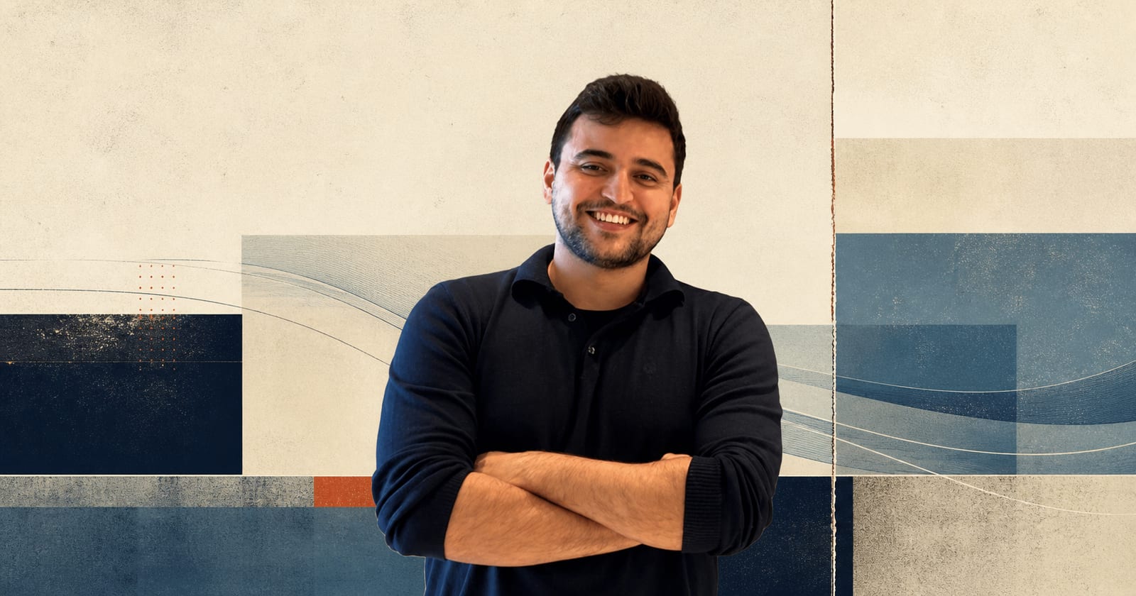 Dağlar Berk Erdem smiling with folded arms against layered cream, navy, and blue geometric planes crossed by flowing signal bands