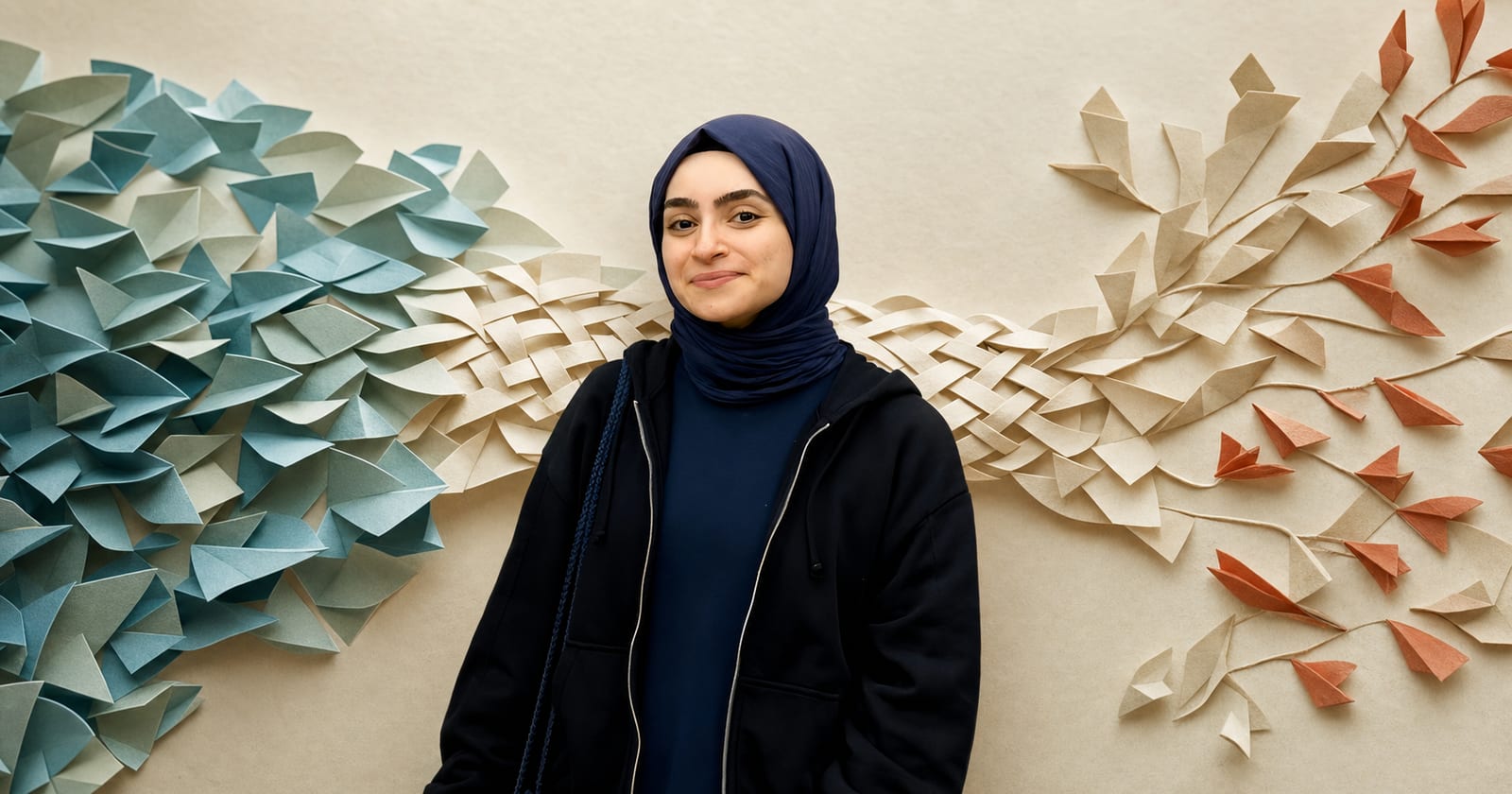 Ebrar Kızıloğlu before teal and rust paper forms that meet through a woven cream bridge