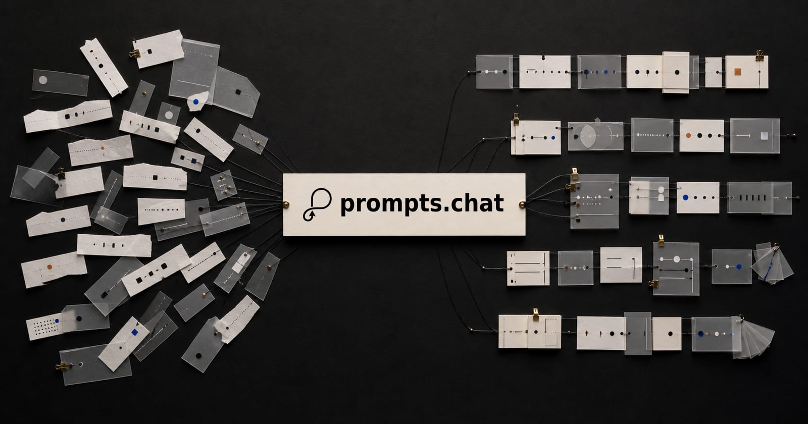 Scattered prompt fragments converge on the prompts.chat logo, then emerge as organized, reusable chains of translucent cards