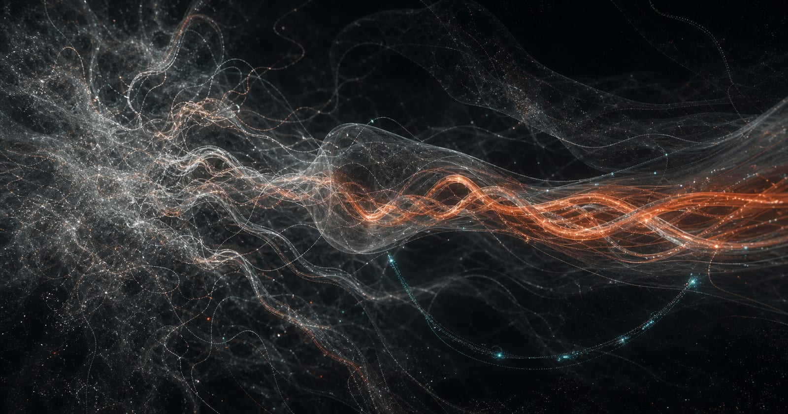 Pearl and rust-coloured probabilistic paths branch through a dark AI field, gathering into a braided operating band with a teal feedback loop